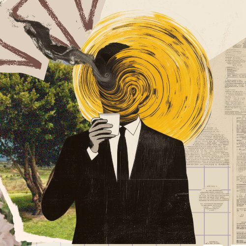 Non-Slop Fun — a collage illustration of a figure in a suit holding coffee
